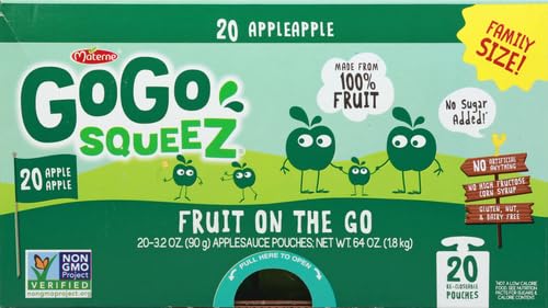 GoGo squeeZ Fruit on the Go Variety Pack, Apple, Banana & Strawberry, 3.2 oz (Pack of 20), Unsweetened Snacks for Kids, Gluten Free, Nut and Dairy Free, Recloseable Cap, BPA Free Pouches