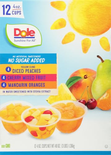 Dole Fruit Bowls No Sugar Added Variety Pack Snacks, Peaches, Mandarin Oranges & Cherry Mixed Fruit, 4oz 12 Cups, Gluten & Dairy Free, Bulk Lunch Snacks for Kids & Adults