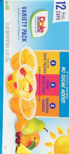 Dole Fruit Bowls No Sugar Added Variety Pack Snacks, Peaches, Mandarin Oranges & Cherry Mixed Fruit, 4oz 12 Cups, Gluten & Dairy Free, Bulk Lunch Snacks for Kids & Adults