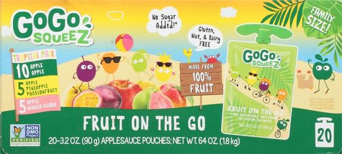 GoGo squeeZ Fruit on the Go Variety Pack, Apple, Banana & Strawberry, 3.2 oz (Pack of 20), Unsweetened Snacks for Kids, Gluten Free, Nut and Dairy Free, Recloseable Cap, BPA Free Pouches