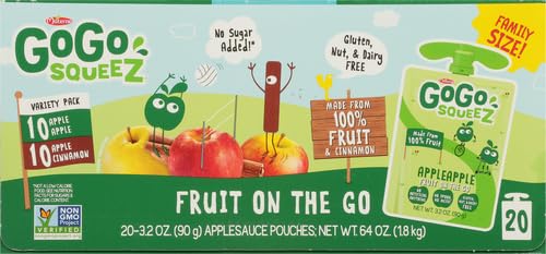 GoGo squeeZ Fruit on the Go Variety Pack, Apple, Banana & Strawberry, 3.2 oz (Pack of 20), Unsweetened Snacks for Kids, Gluten Free, Nut and Dairy Free, Recloseable Cap, BPA Free Pouches