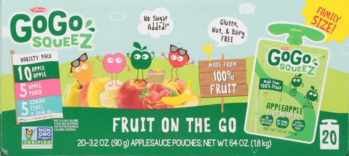 GoGo squeeZ Fruit on the Go Variety Pack, Apple, Banana & Strawberry, 3.2 oz (Pack of 20), Unsweetened Snacks for Kids, Gluten Free, Nut and Dairy Free, Recloseable Cap, BPA Free Pouches