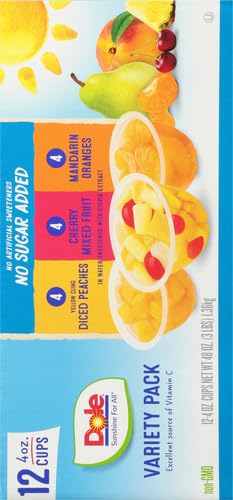 Dole Fruit Bowls No Sugar Added Variety Pack Snacks, Peaches, Mandarin Oranges & Cherry Mixed Fruit, 4oz 12 Cups, Gluten & Dairy Free, Bulk Lunch Snacks for Kids & Adults