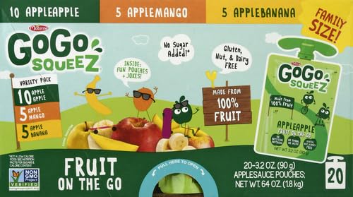 GoGo squeeZ Fruit on the Go Variety Pack, Apple, Banana & Strawberry, 3.2 oz (Pack of 20), Unsweetened Snacks for Kids, Gluten Free, Nut and Dairy Free, Recloseable Cap, BPA Free Pouches