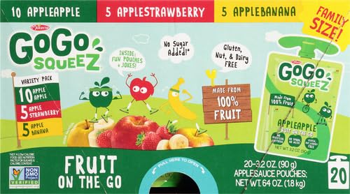 GoGo squeeZ Fruit on the Go Variety Pack, Apple, Banana & Strawberry, 3.2 oz (Pack of 20), Unsweetened Snacks for Kids, Gluten Free, Nut and Dairy Free, Recloseable Cap, BPA Free Pouches