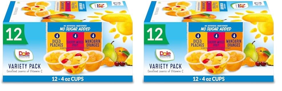 Dole Fruit Bowls No Sugar Added Variety Pack Snacks, Peaches, Mandarin Oranges & Cherry Mixed Fruit, 4oz 12 Cups, Gluten & Dairy Free, Bulk Lunch Snacks for Kids & Adults
