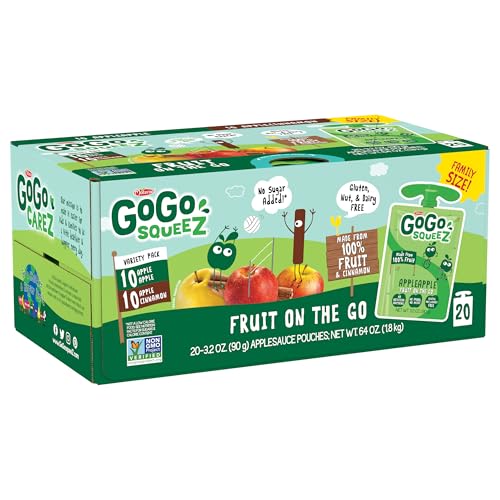 GoGo squeeZ Fruit on the Go Variety Pack, Apple, Banana & Strawberry, 3.2 oz (Pack of 20), Unsweetened Snacks for Kids, Gluten Free, Nut and Dairy Free, Recloseable Cap, BPA Free Pouches