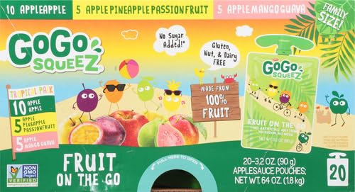 GoGo squeeZ Fruit on the Go Variety Pack, Apple, Banana & Strawberry, 3.2 oz (Pack of 20), Unsweetened Snacks for Kids, Gluten Free, Nut and Dairy Free, Recloseable Cap, BPA Free Pouches
