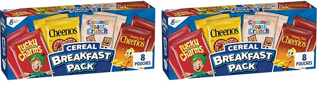 General Mills Breakfast Cereal Variety Pack, Lucky Charms, Cinnamon Toast Crunch, and Cheerios Varieties, Single Serve Snacks, 9.14 oz (8 Pouches)