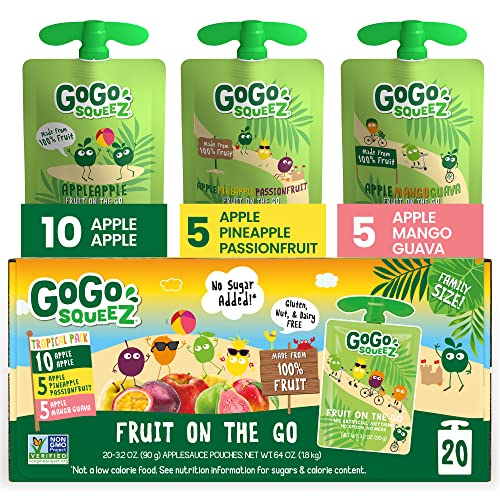 GoGo squeeZ Fruit on the Go Variety Pack, Apple, Banana & Strawberry, 3.2 oz (Pack of 20), Unsweetened Snacks for Kids, Gluten Free, Nut and Dairy Free, Recloseable Cap, BPA Free Pouches