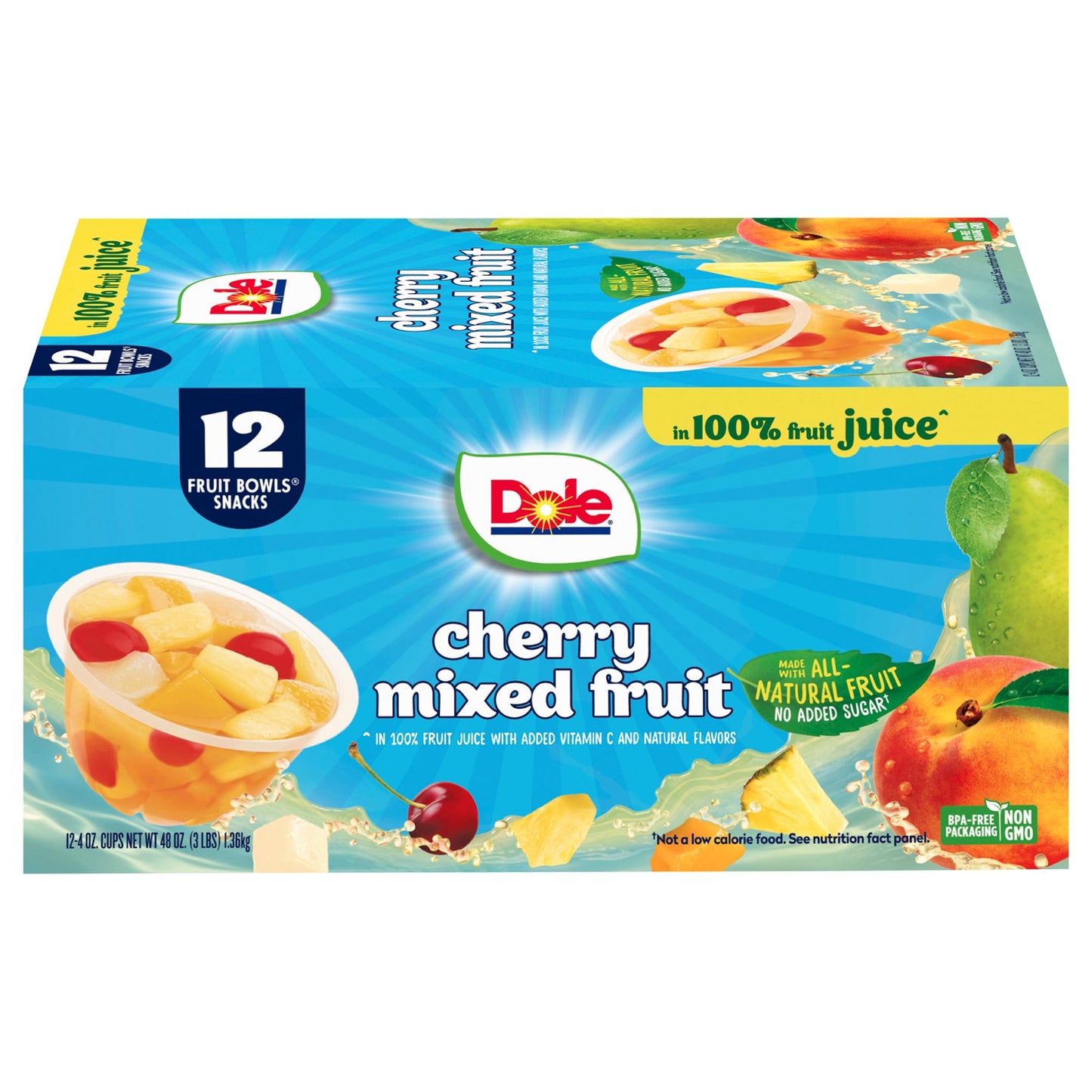 Dole Fruit Bowls No Sugar Added Variety Pack Snacks, Peaches, Mandarin Oranges & Cherry Mixed Fruit, 4oz 12 Cups, Gluten & Dairy Free, Bulk Lunch Snacks for Kids & Adults