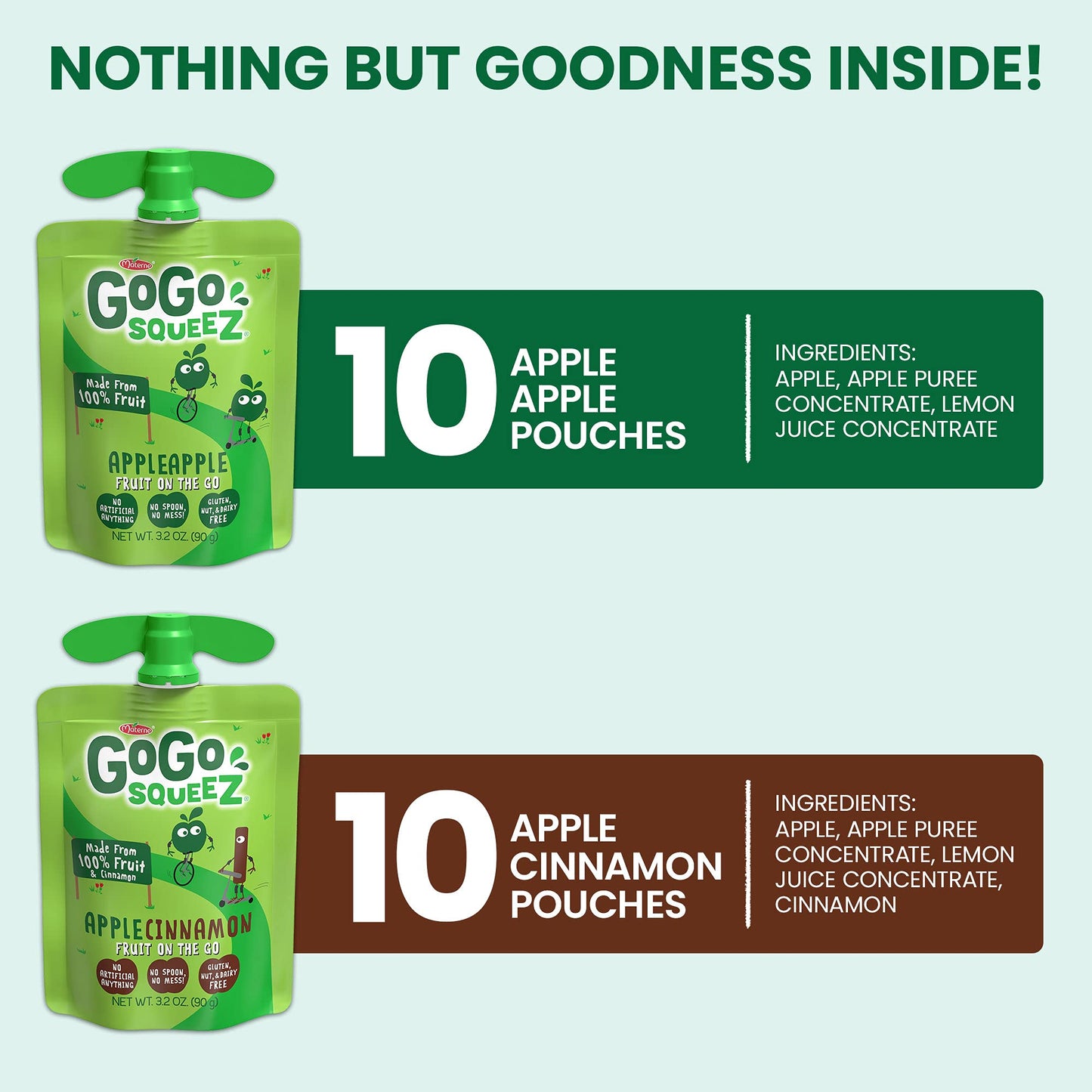 GoGo squeeZ Fruit on the Go Variety Pack, Apple, Banana & Strawberry, 3.2 oz (Pack of 20), Unsweetened Snacks for Kids, Gluten Free, Nut and Dairy Free, Recloseable Cap, BPA Free Pouches