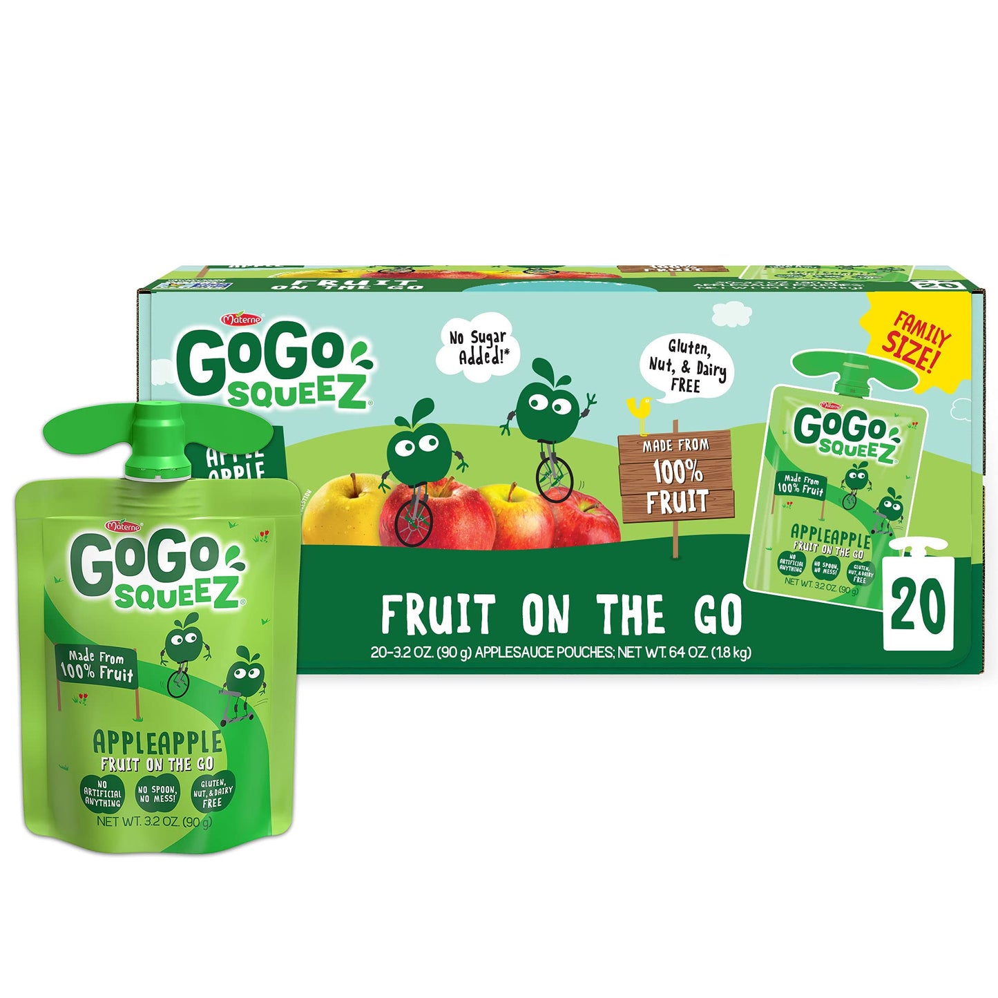 GoGo squeeZ Fruit on the Go Variety Pack, Apple, Banana & Strawberry, 3.2 oz (Pack of 20), Unsweetened Snacks for Kids, Gluten Free, Nut and Dairy Free, Recloseable Cap, BPA Free Pouches