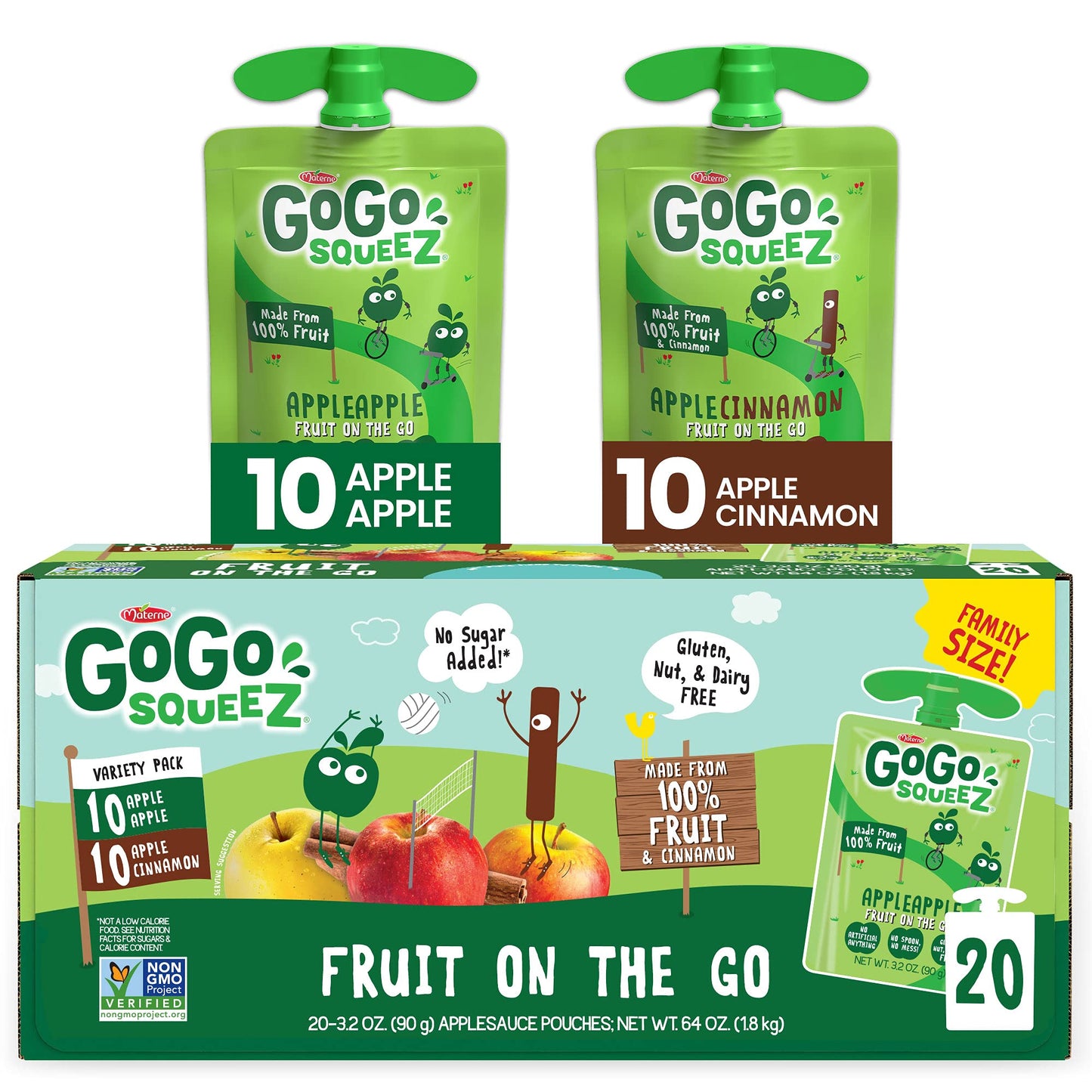 GoGo squeeZ Fruit on the Go Variety Pack, Apple, Banana & Strawberry, 3.2 oz (Pack of 20), Unsweetened Snacks for Kids, Gluten Free, Nut and Dairy Free, Recloseable Cap, BPA Free Pouches