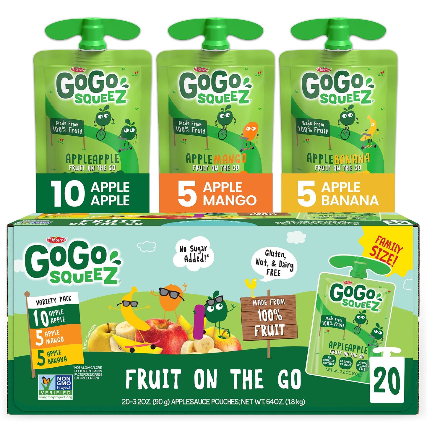 GoGo squeeZ Fruit on the Go Variety Pack, Apple, Banana & Strawberry, 3.2 oz (Pack of 20), Unsweetened Snacks for Kids, Gluten Free, Nut and Dairy Free, Recloseable Cap, BPA Free Pouches