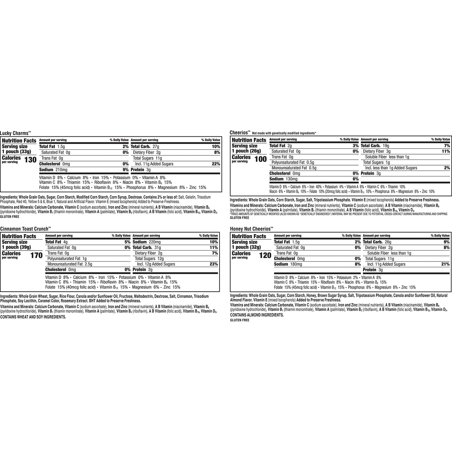 General Mills Breakfast Cereal Variety Pack, Lucky Charms, Cinnamon Toast Crunch, and Cheerios Varieties, Single Serve Snacks, 9.14 oz (8 Pouches)