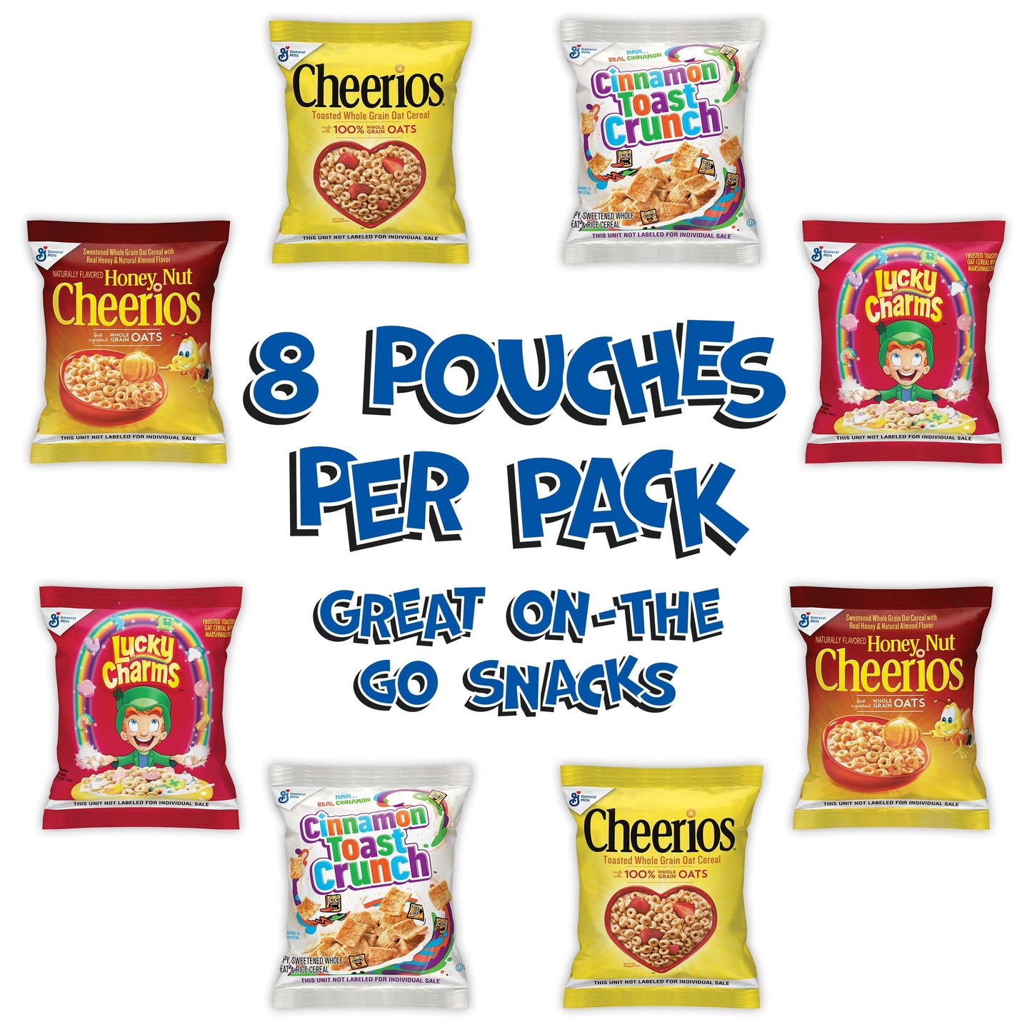General Mills Breakfast Cereal Variety Pack, Lucky Charms, Cinnamon Toast Crunch, and Cheerios Varieties, Single Serve Snacks, 9.14 oz (8 Pouches)