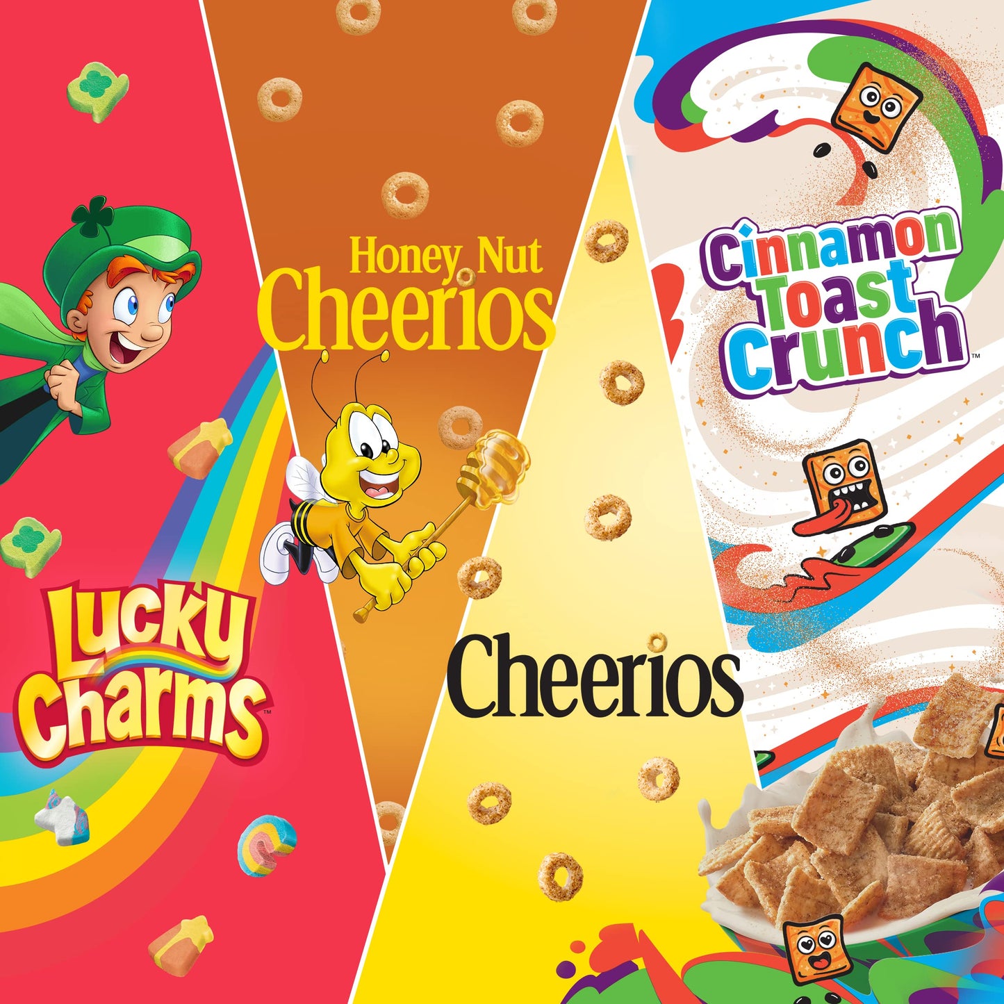 General Mills Breakfast Cereal Variety Pack, Lucky Charms, Cinnamon Toast Crunch, and Cheerios Varieties, Single Serve Snacks, 9.14 oz (8 Pouches)