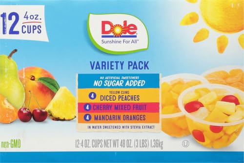 Dole Fruit Bowls No Sugar Added Variety Pack Snacks, Peaches, Mandarin Oranges & Cherry Mixed Fruit, 4oz 12 Cups, Gluten & Dairy Free, Bulk Lunch Snacks for Kids & Adults