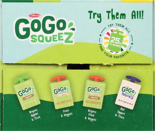 GoGo squeeZ Fruit on the Go Variety Pack, Apple, Banana & Strawberry, 3.2 oz (Pack of 20), Unsweetened Snacks for Kids, Gluten Free, Nut and Dairy Free, Recloseable Cap, BPA Free Pouches
