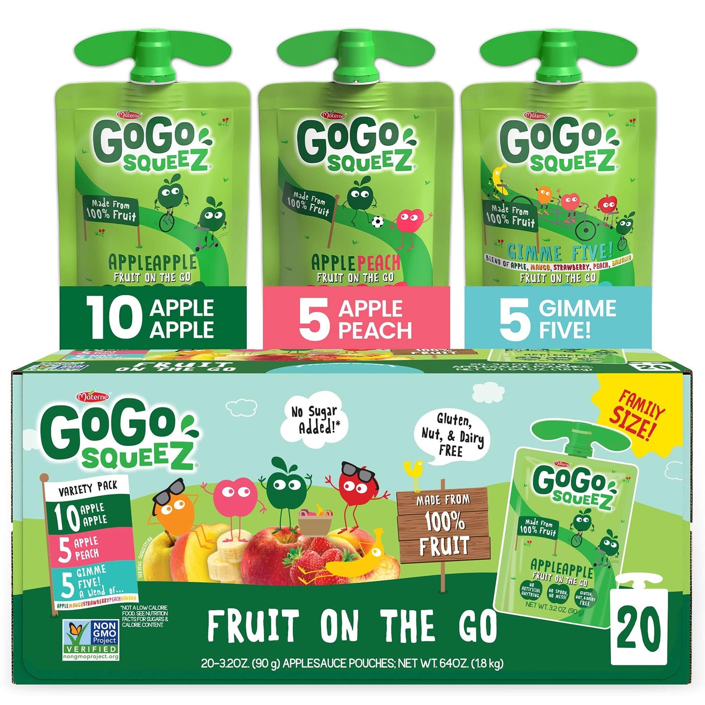 GoGo squeeZ Fruit on the Go Variety Pack, Apple, Banana & Strawberry, 3.2 oz (Pack of 20), Unsweetened Snacks for Kids, Gluten Free, Nut and Dairy Free, Recloseable Cap, BPA Free Pouches